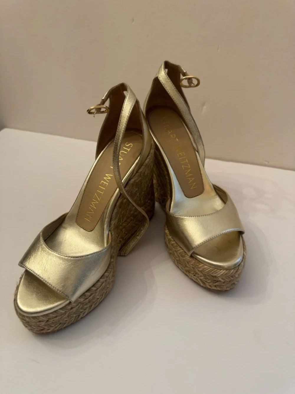 Stuart Weitzman Nudistcurve Metallic Gold Espadrille Wedge Sandals w/Ankle Strap - Picture 5 of 16